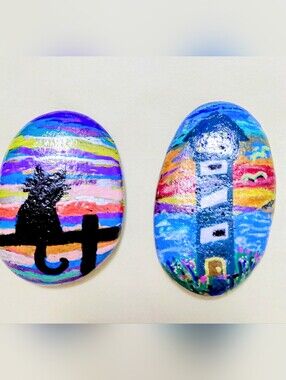 Hand painted on rocks Light House And Cat In The  Sunset  Aprox 4x3"
